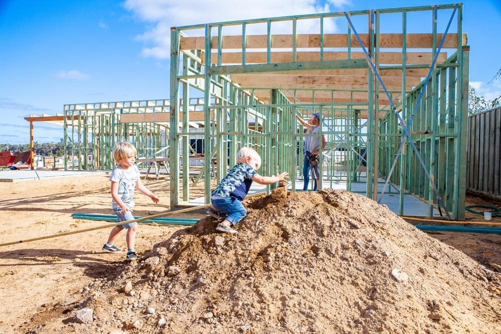 A home under construction on a Rapids Landing block