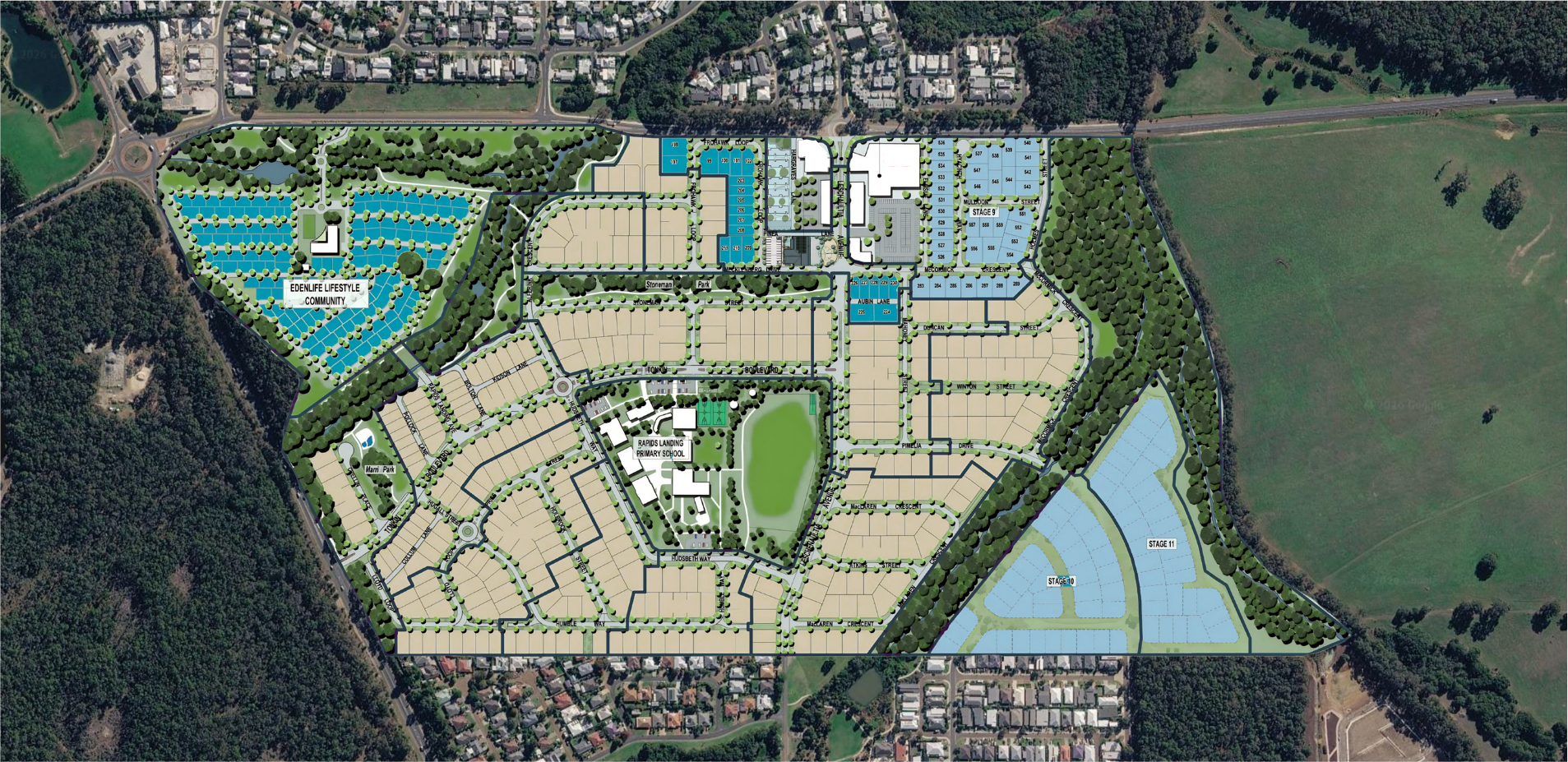 Master plan of Rapids Landing over aerial imagery, showing Stage 8 selling now, Stage 9 next, and Stages 10 and 11 for later release, with the primary school, the EdenLife over 55s community and the future village hub.